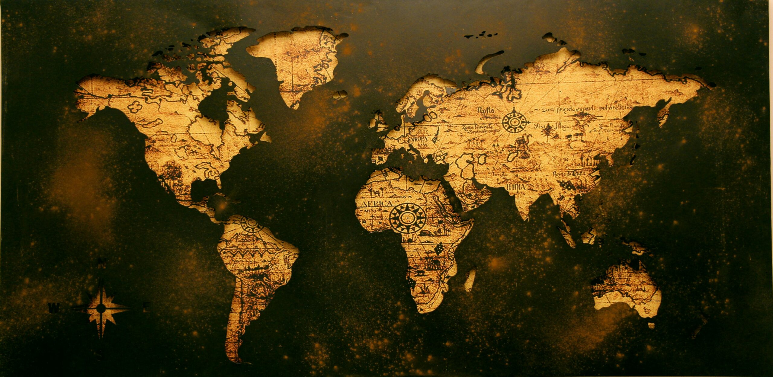 A detailed vintage map showcasing global geography with an old paper texture.